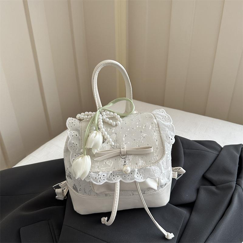 Schoolbag1011 New Korean Lace Backpack Women's Bow College Style Mini Backpack Girl Heart Commuter Belt Pendant