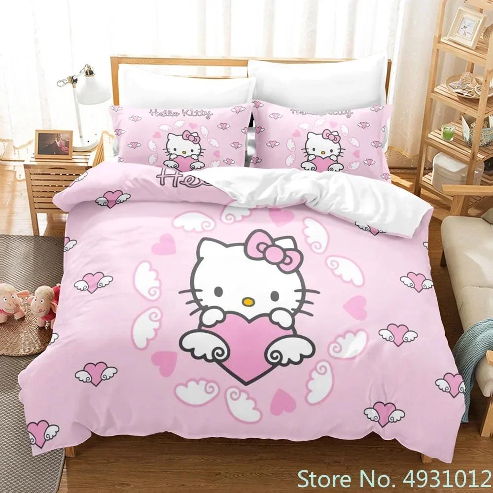 Carino set biancheria da letto Hello Kitty Angelo Federa Anime Giapponese Biancheria da letto Copripiumino Stampato 3D Copripiumino Regalo per Bambini Bambino