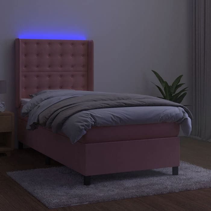 Exclusive House - Slatted Bed Base Mattress and LED Pink 100x200 Cm Velvet