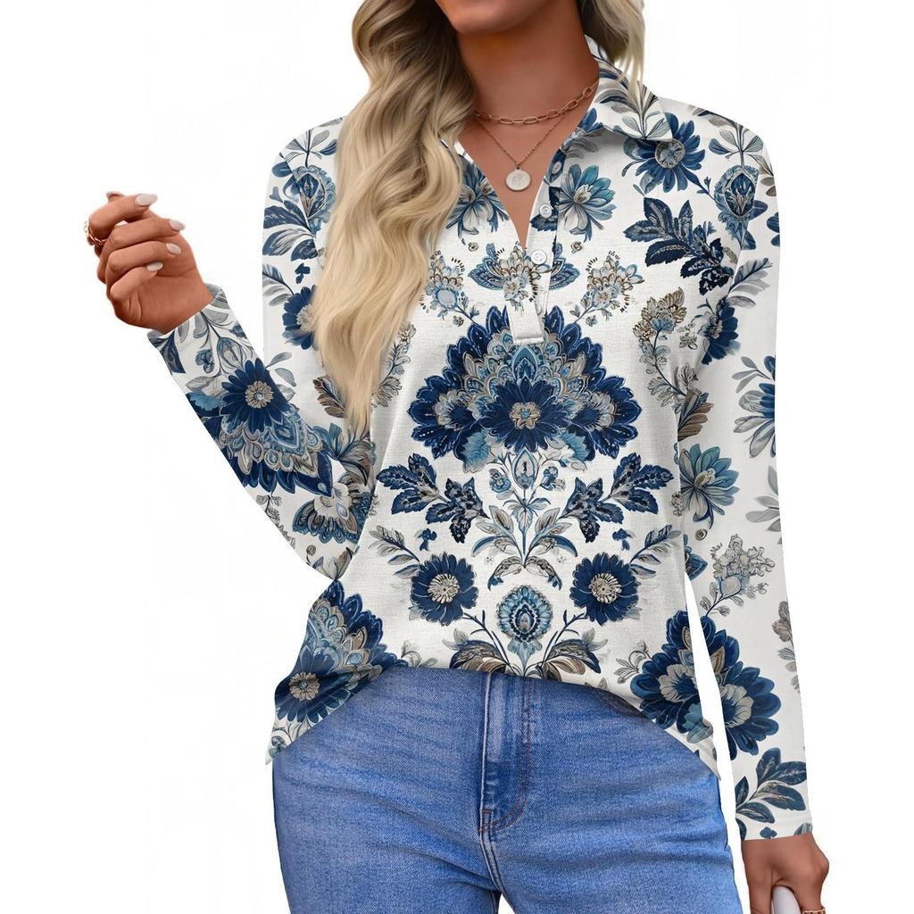 Damenmode Casual Revers Kurze Langarm Print Shirt Damen Button Up Tops