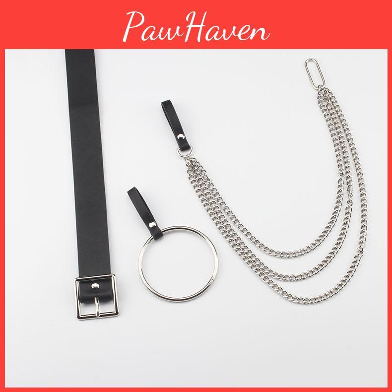 Fashionable Black Waist Belt With Circular Ring And Chain Tassel For Men And Women Fashion Accessory