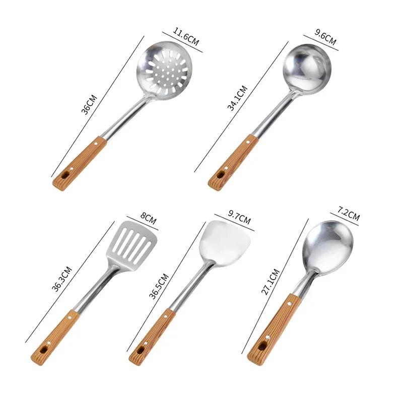 5Pcs/Set Kitchen Cooking Tool Thickened Stainless Steel Stir-fry Spoon Frying Spatula Soup Spoon Spatula Strainer Home Tools