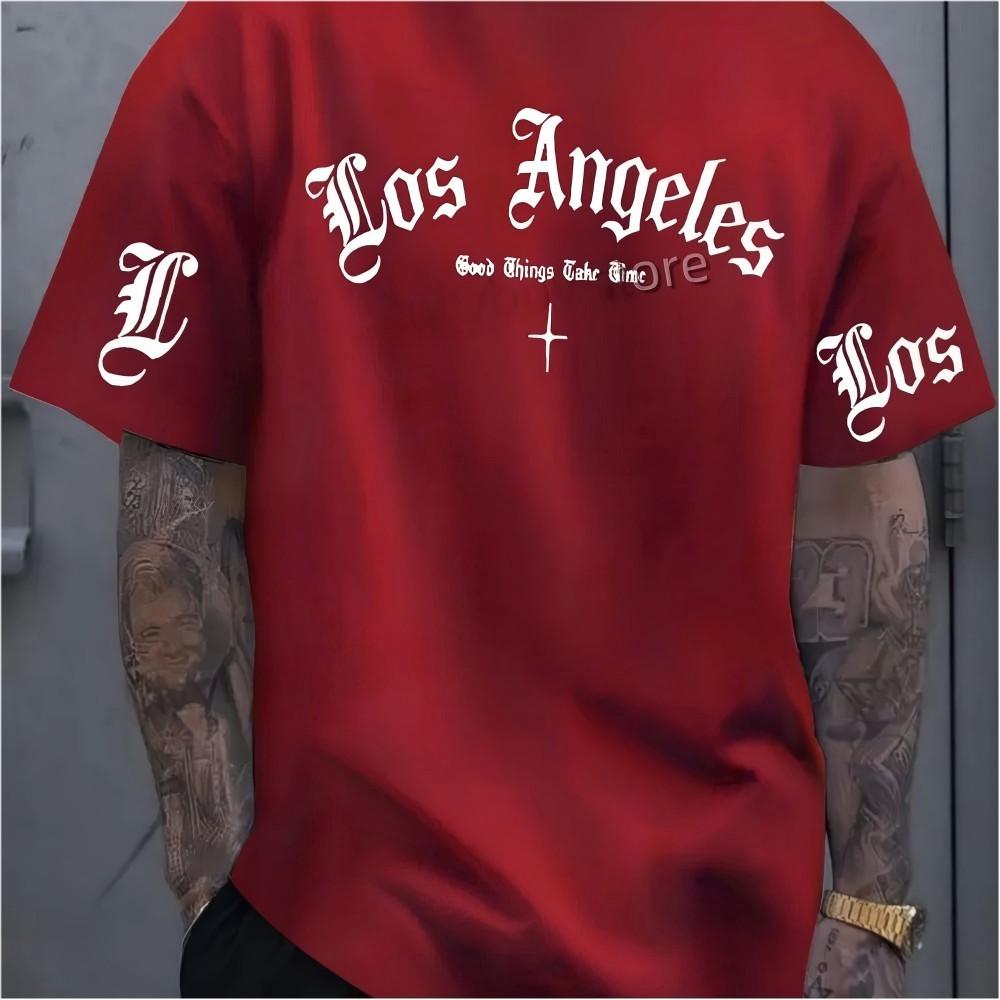 Modisches amerikanisches Unisex-Sommer-Gothic-Los-Angeles-Buchstabendruck-Mikro-elastisches atmungsaktives Rundhals-T-Shirt Outdoor-Freizeit-Oberteil