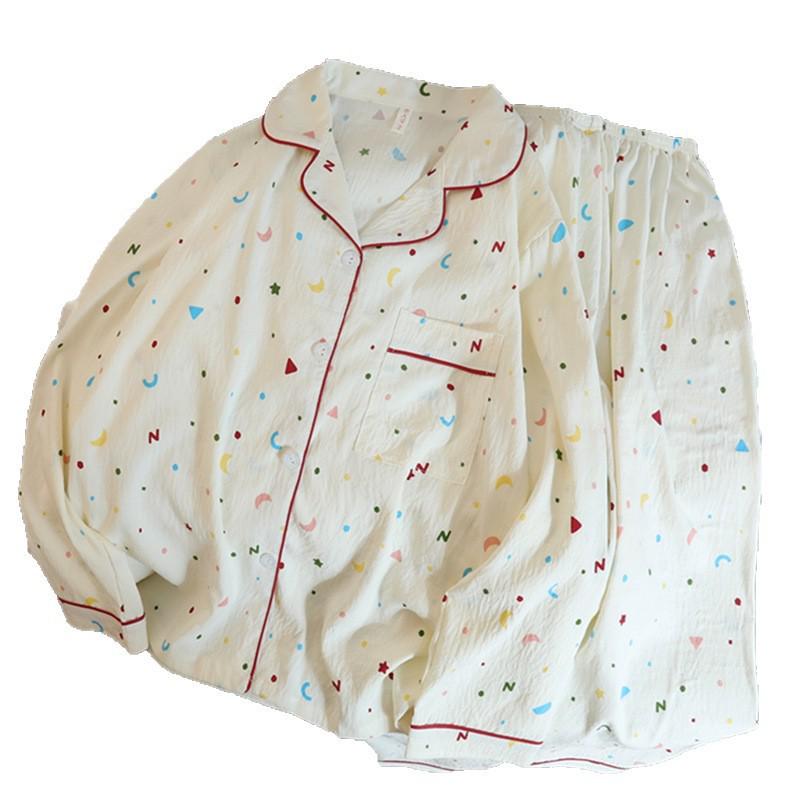 Women's Spring & Autumn Cloud Cotton Pajama Set - Thin Print & Embroidery, Loose Fit, Long Sleeve & Pants Home Wear.