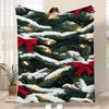 2d Printed Green Pine Branch Red Bow White Snow Pattern Decorative Throw Blanket For Holiday Party Gift Home Decor