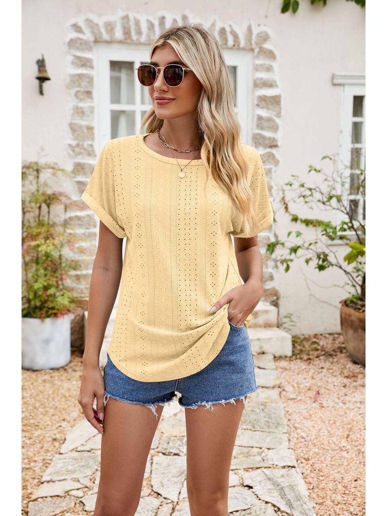 Women's Eyelet Summer Round Neck Short Sleeve Casual T-shirt