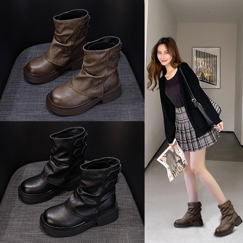 British Style Short Boots Children 2025 New Autumn and Winter Pleated Knight Boots Thick-soled Trouser Tube Boots Women's Pile Student Boots