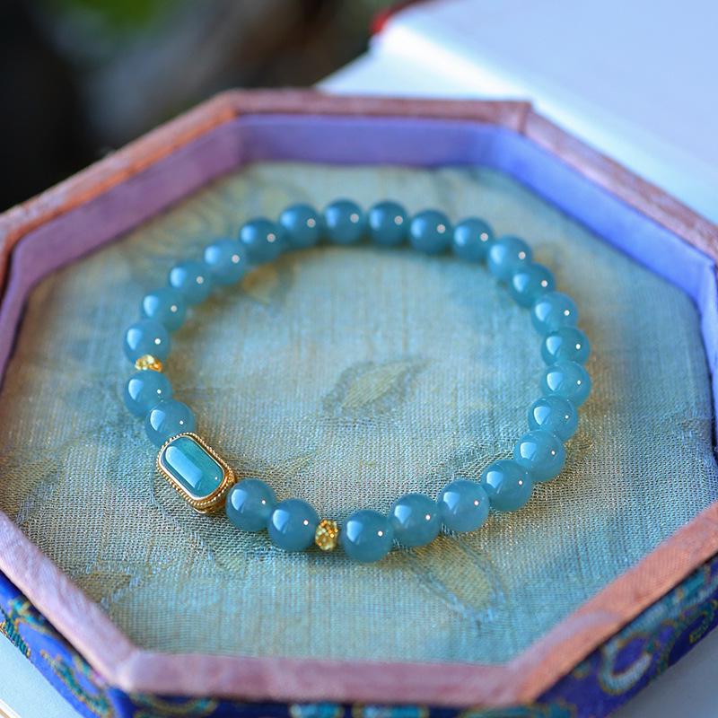 Emerald Blue Jade Bead Bracelet with Gold-Plated Sterling Silver Heart One Size