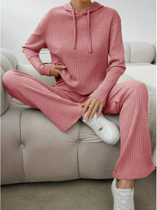 Set nou pentru femei, casual, cu pulover tricotat cu glugă cu dungi și pantaloni largi cu mâneci lungi pentru primăvară/toamnă