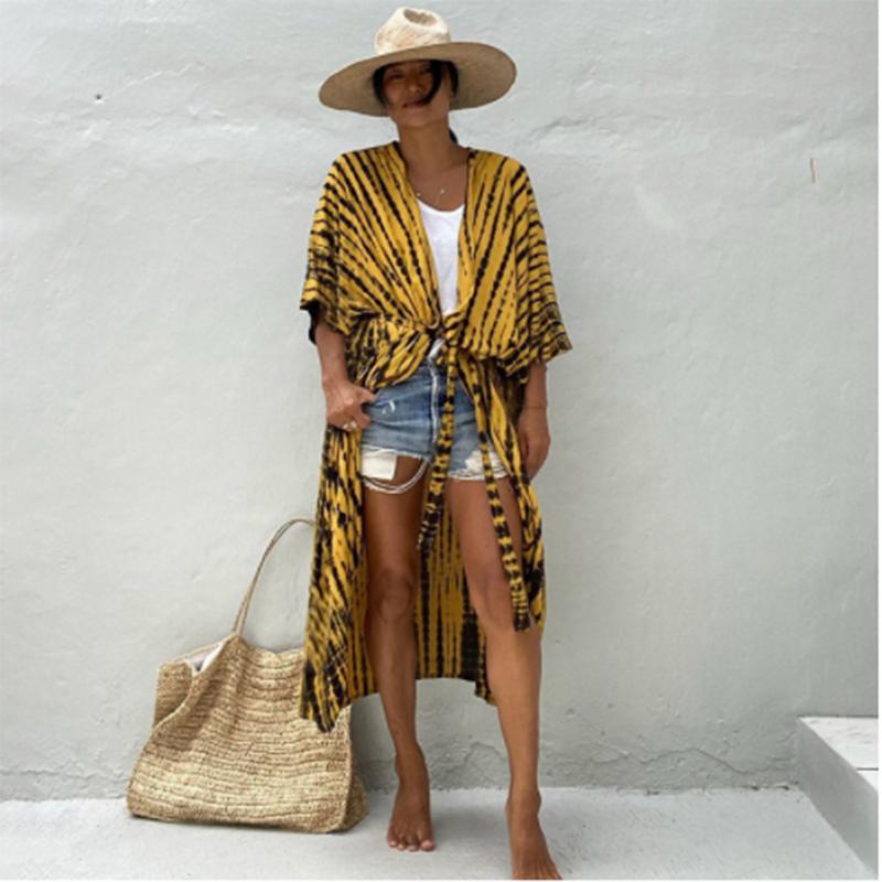 Bikini Cover Up Damen Batikmuster Strand Kimono Badeanzug Cape Sommer Wickelkleid mit Gürtel Urlaubsbadeanzug