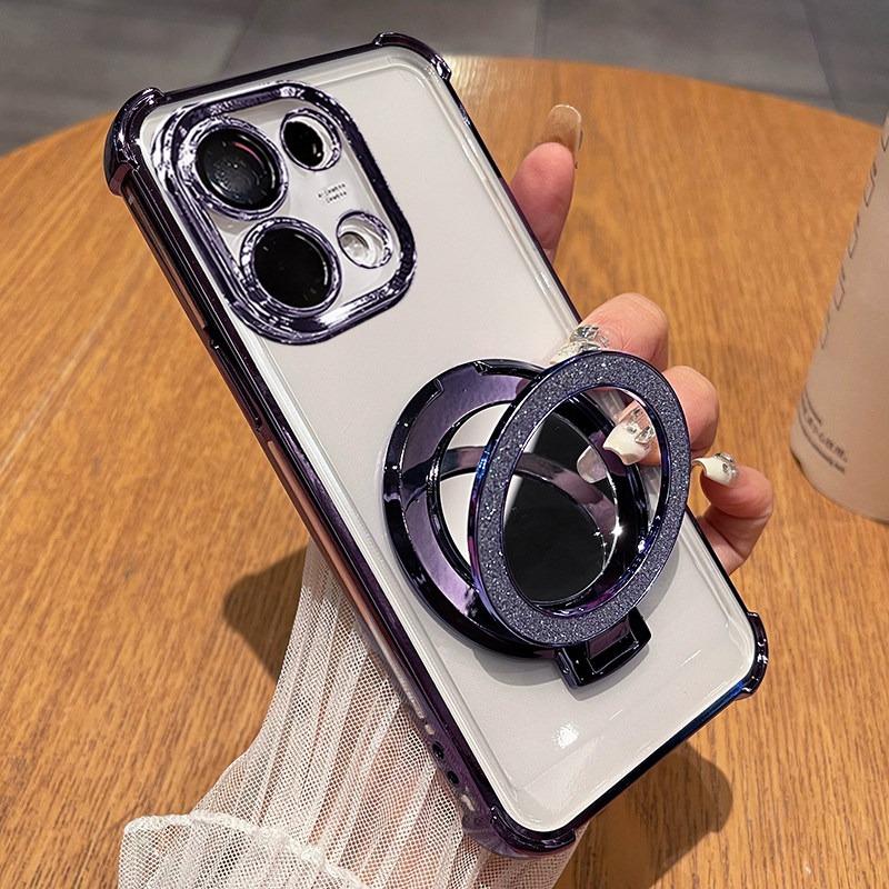 For Reno 16 Pro Reno16 5G Luxury Plating Glitter Mirrow Holder Soft Case Airbags Four Corners Shockproof Silicone Stand Cover