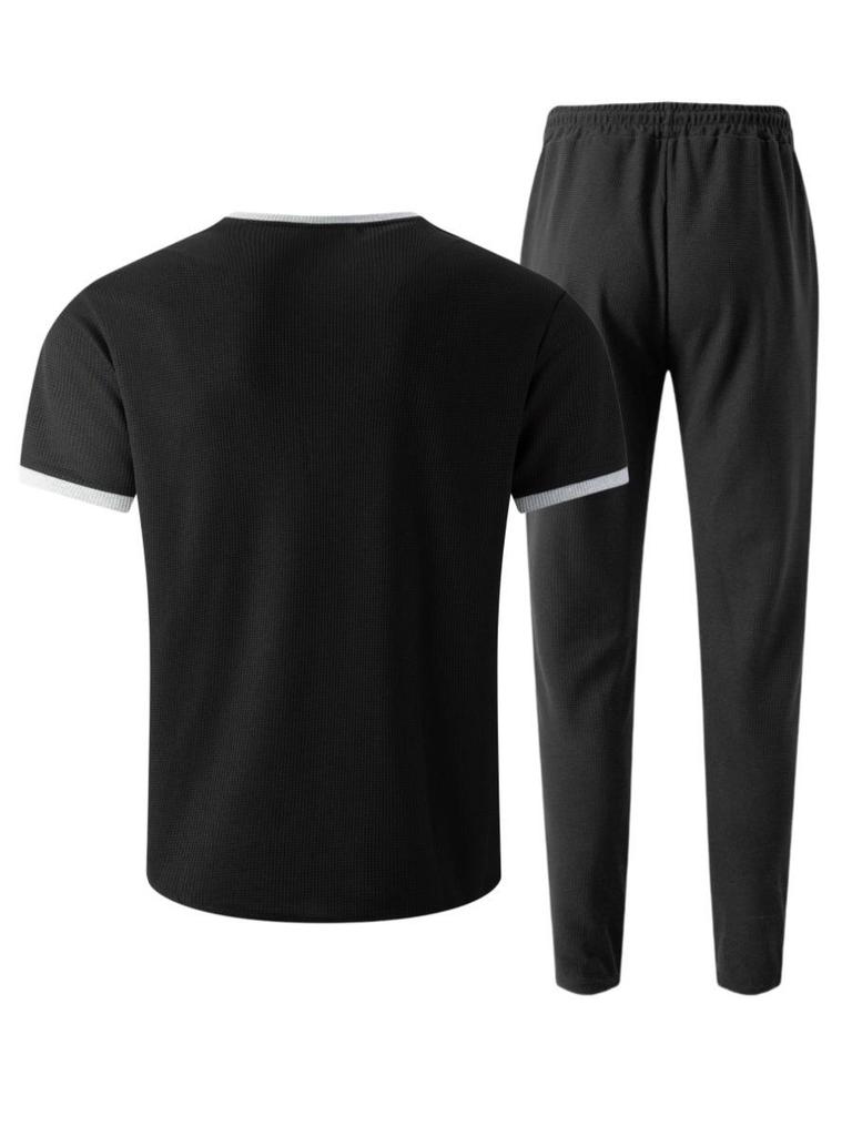 V-neck Waffle Short-Sleeve T-shirt & Long Pants Men's Streetwear Sports Set