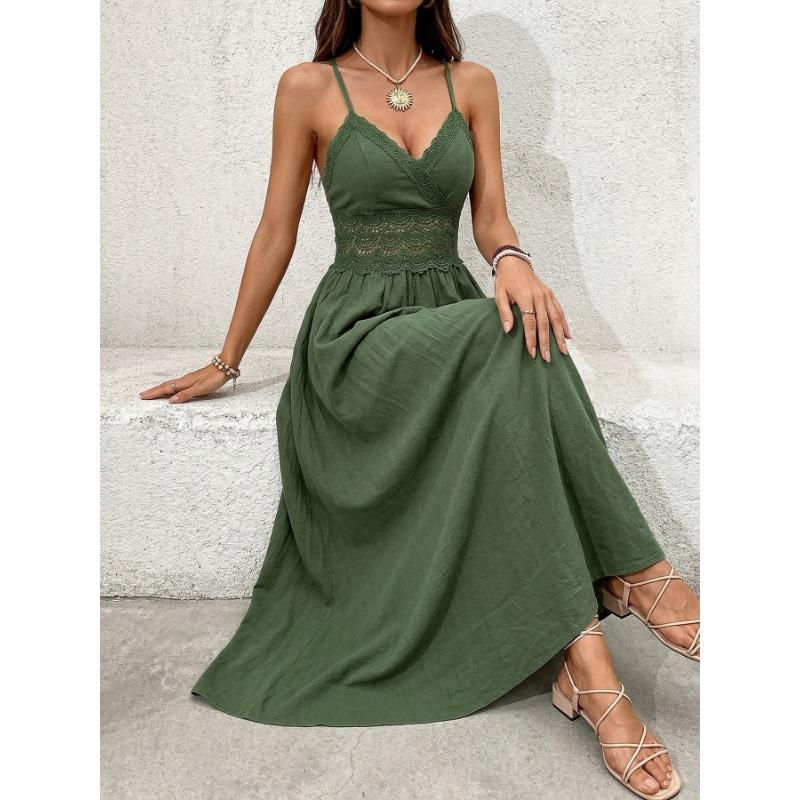 Ethnic Vacation Style Solid Color Lace Backless Spaghetti Strap High Waist Maxi Dress For Women