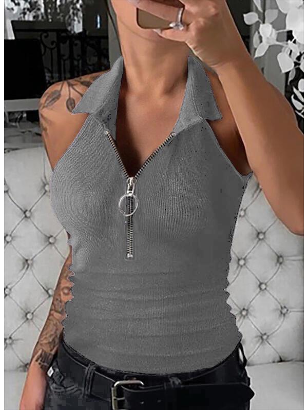 2024 Women's Fashion Casual Solid Color Ribbed Zip-Up Vest T-Shirt with Turn-Down Collar for Spring/Summer