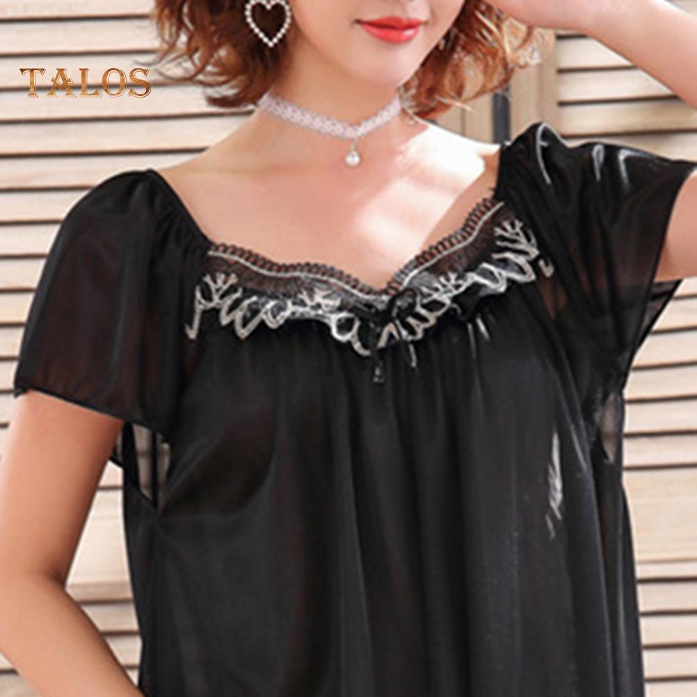 Women Oversized Nightdress Short Sleeve Lace Patchwork Nightgown Short Sleeve Sleepwear Pajam