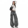 Autumn new neutral high street design tooling jeans women's high waist straight loose drape wide leg pants
