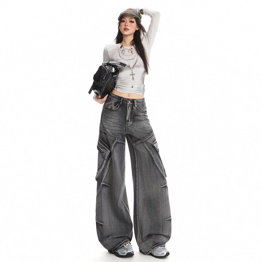 Autumn new neutral high street design tooling jeans women's high waist straight loose drape wide leg pants