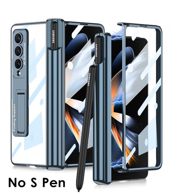 Plating Magnetic Hinge Pen Slot Case For Samsung Galaxy Z Fold 4 Cover Clear Bracket Cover For Z Fold4 5g