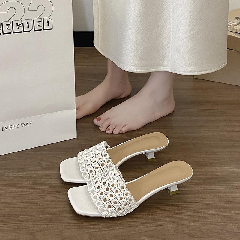 French Gentle Woven Hollow Cool Slippers Women's Summer Wear Square Toe Sexy Simple High-heeled Slippers