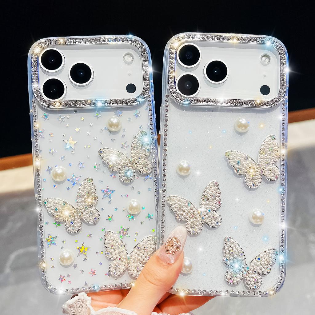For iPhone 17 Pro Max Case Rhinestone Edge Pearl Butterfly Decor TPU+PC IMD Phone Cover