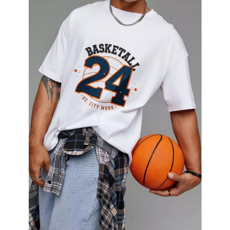 Basketball T Shirt White Number 24 with Basketball Design and Text Basketball U S City Work for Casual Wear and Sports Activities