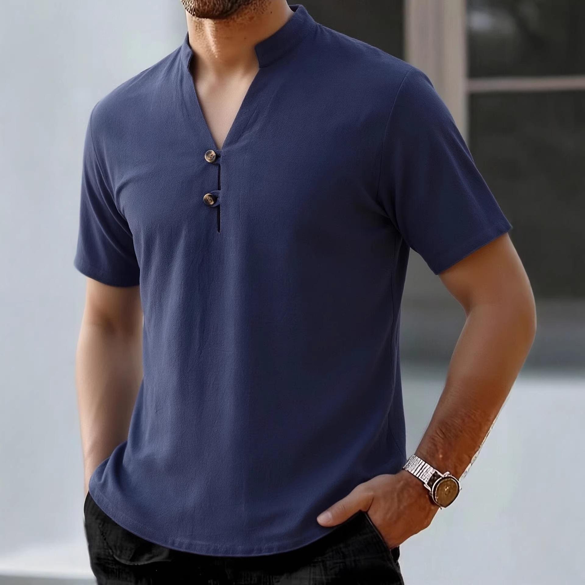 Men Casual Loose Stand Collar Short Sleeve Solid T Shirt S