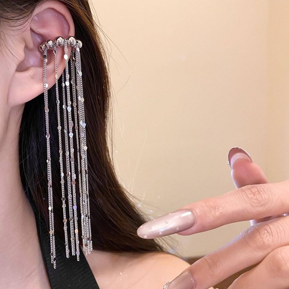 Beads C-shaped Ear Clip Long Chain Ear Buckle Fashion Tassel Ear Clip  Gift