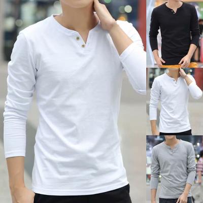 Men T-shirt V Neck Buttons Decoration Slim All Match Spring Base Shirt for Daily Wear