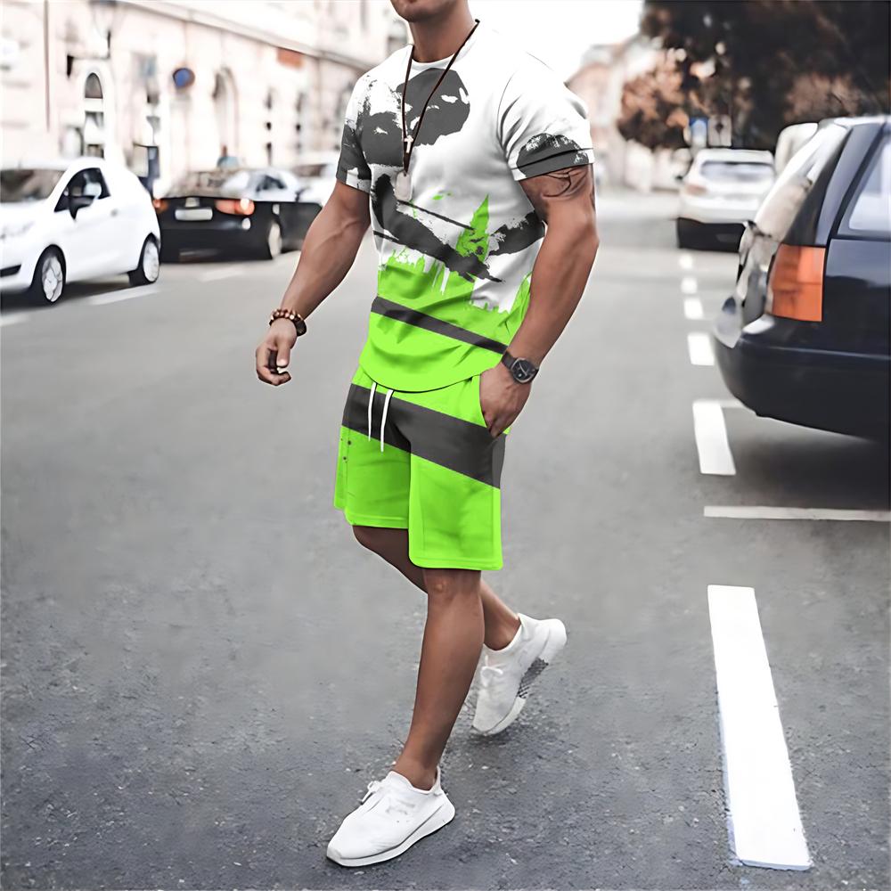 Men Summer Sets T Shirt Shorts 2 Piece Outfits Mesh Workout Tracksuits Oversized T-shirts Suits Print Sportswear Men's Clothing