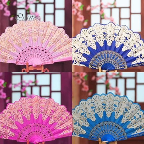 Cute Ethnic Dance Golden Tone Hand Held Flower Fan