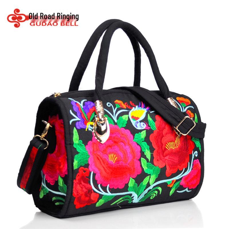 Ethnic Embroidered Drum-Shape Tote & Crossbody Canvas Bag