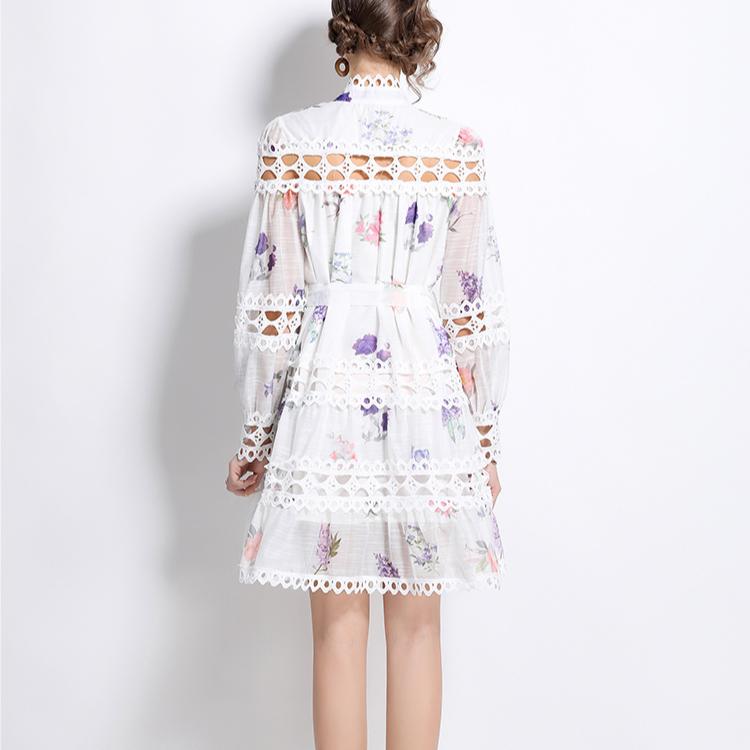 Printemps Automne Femmes Vintage Col Montant Imprimé Dentelle Patchwork Mini Robes De Soirée Courtes