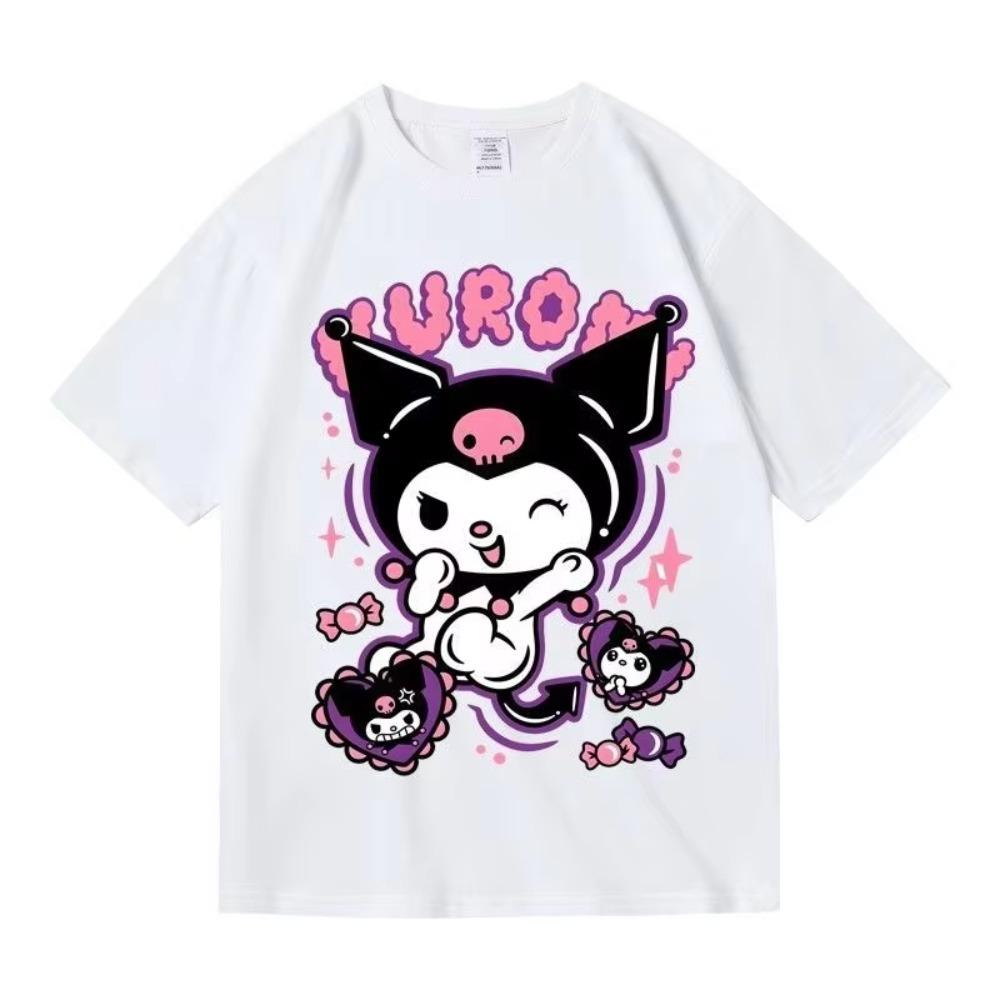 Kawaii Fashion Kuromi Print Tshirt Black White Character Print Cotton Crew Neck Short Sleeve Unisex Women Breathable Cotton M
