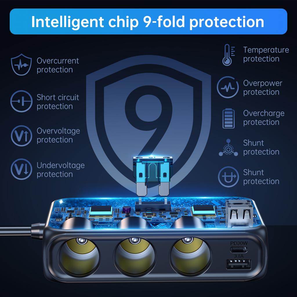 171W Car Charger Adapter 9 in 1 PD 3 Socket Cigarette Lighter Splitter Charge Independent Switches DC Cigarette Outlet