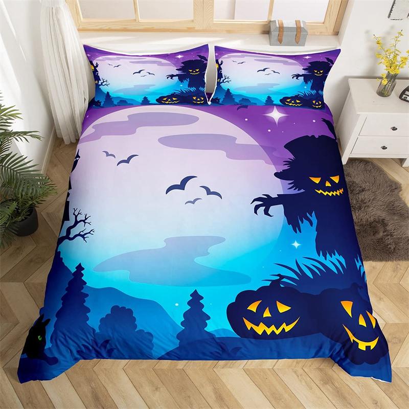 Halloween Duvet Cover Horror Pumpkin Lantern Bedding Set Polyester Crazy Scary Horseman Comforter Cover King For Kids Boys Girls