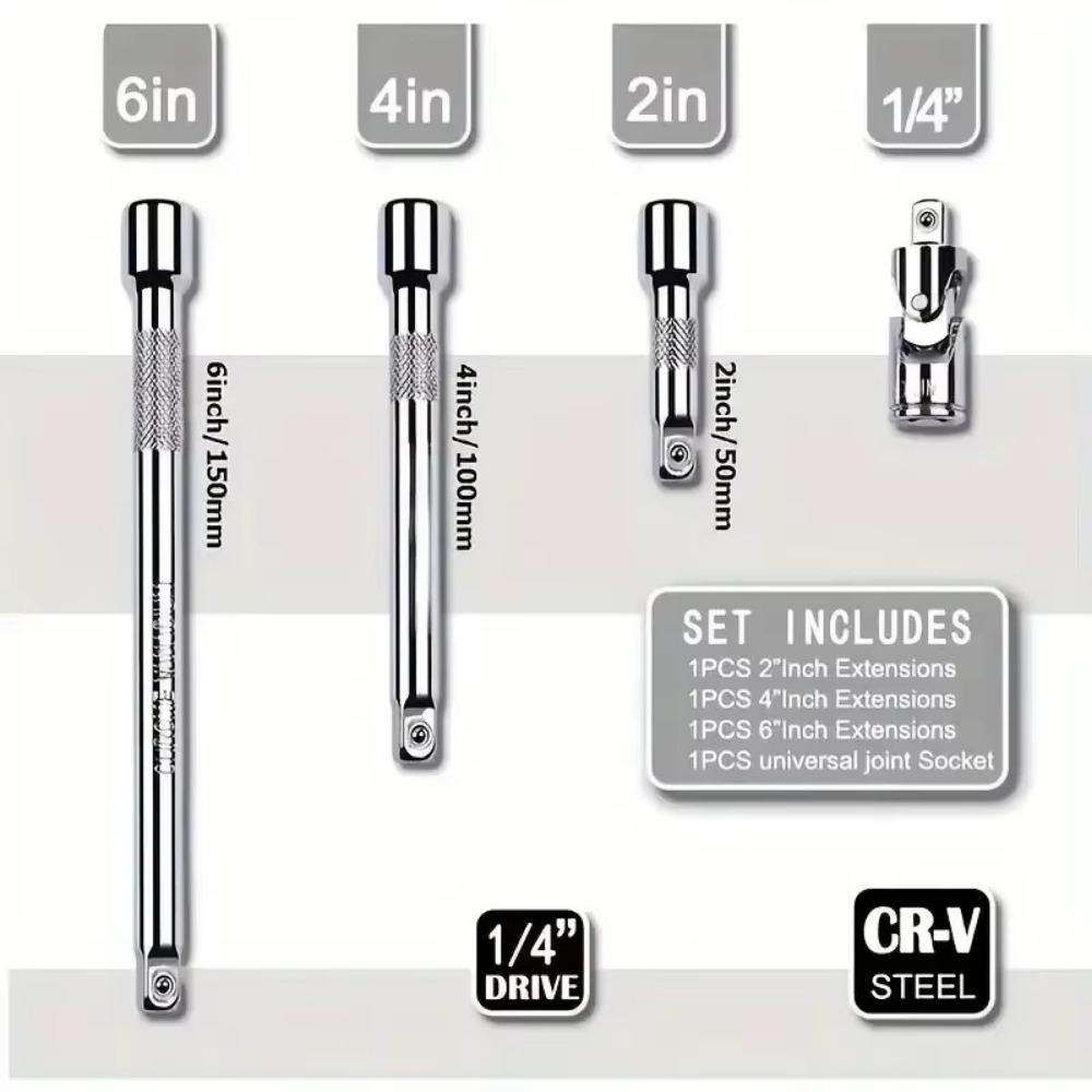 4pcs/set Steel Ratchet Wrench 1/4‘’ Extension Rod Socket Extension Bar  Connecting Rod Accessories