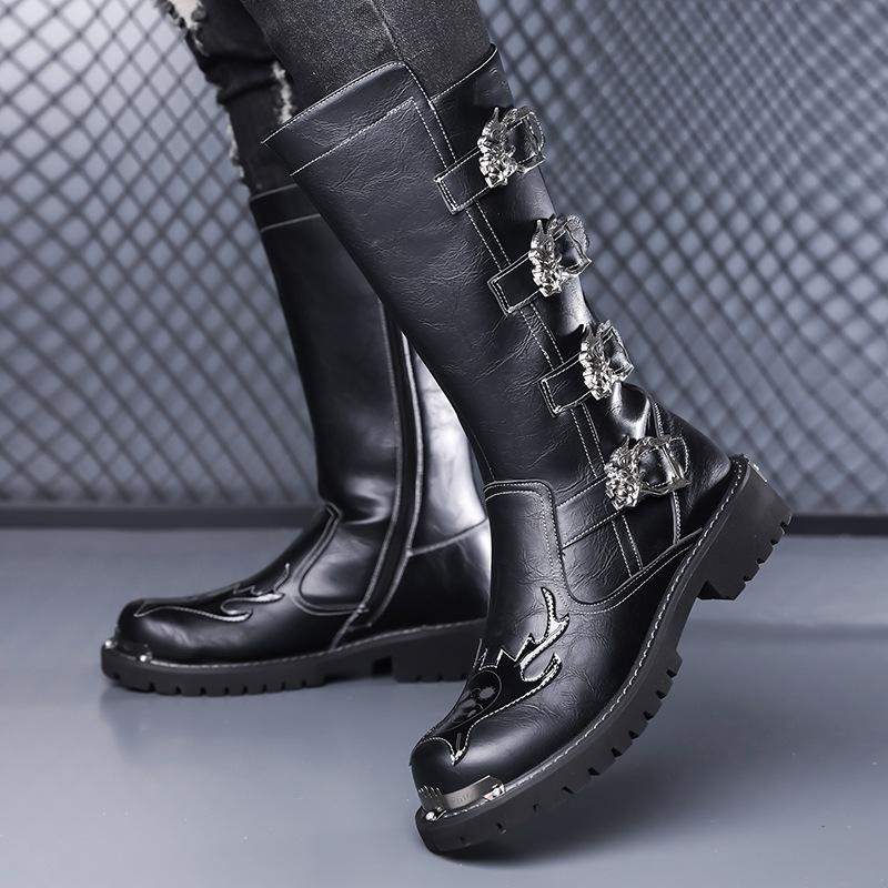 Large Size European Winter Martin Boots Men's High-top British Style Tooling Boots Riding Side Zipper Locomotive Leather Boots