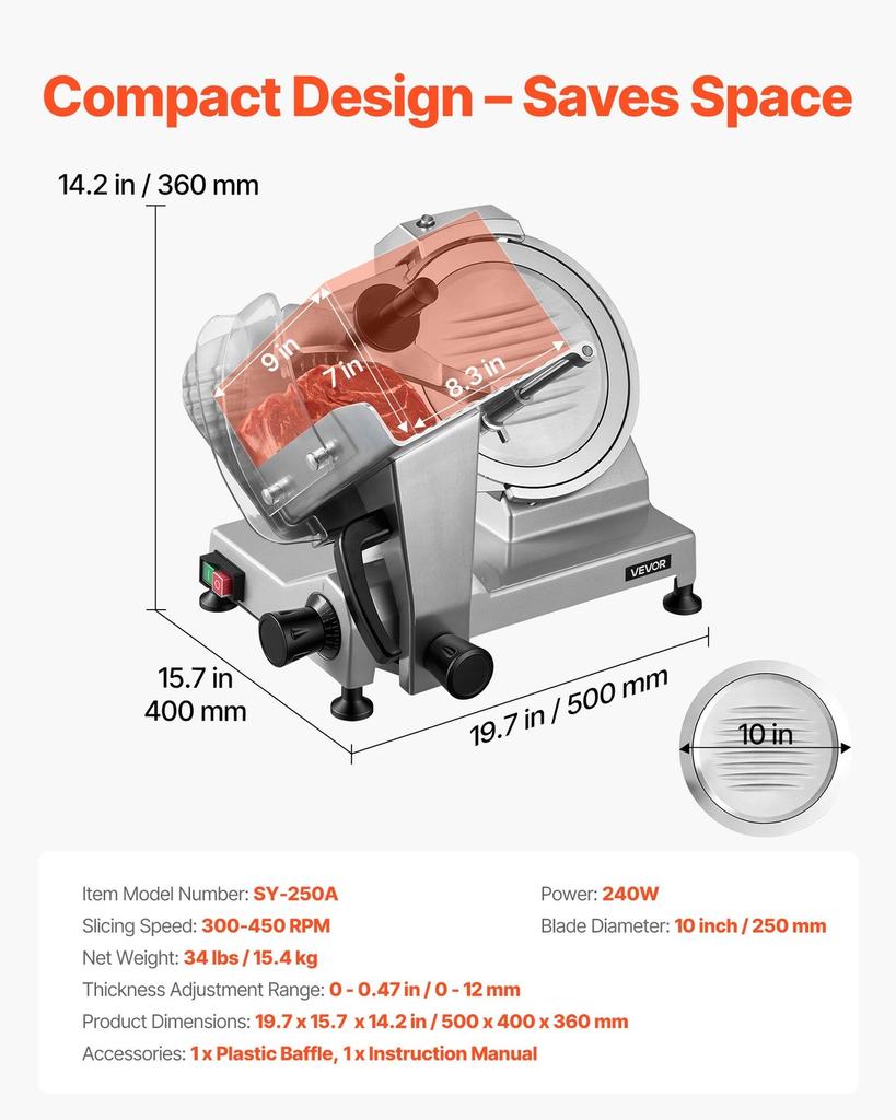 Commercial Meat Slicer, 240W Electric Deli Food Slicer with 250mm Carbon Steel Blade, Built-In Sharpener & 0-12mm Adjustable Thickness for Frozen