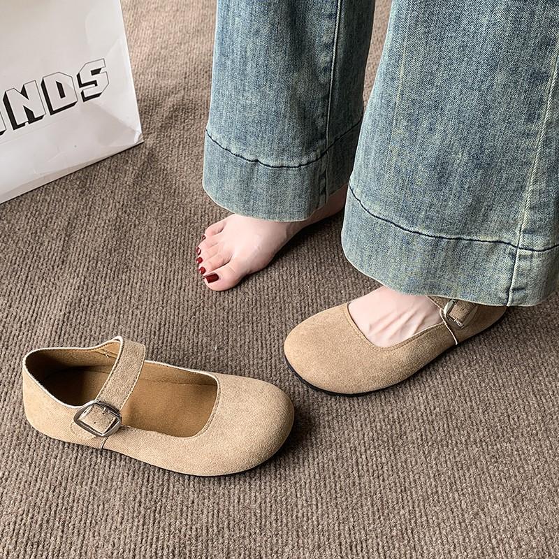 Fashion 2025Retro Genuine Leather Shallow Mouth Straight Strap  Jane Single Toe Layer Cowhide Soft Leather Sole Versatile Leather Shoes