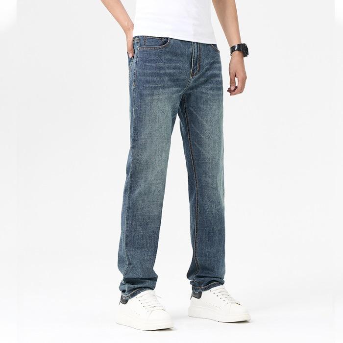 

Cotton Elastic Jeans Men s Loose Straight Summer Thin Style High Soft Casual Trousers Men 29