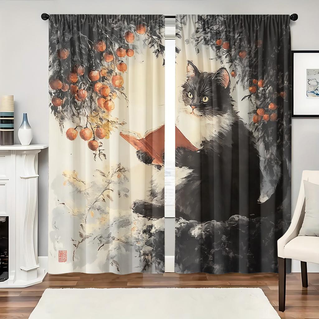 2Pcs Artistic Cat Reading Print Blackout Curtains, Polyester Rod Pocket Drapes For Bedroom, Living Room, Office - Fade-Resistant