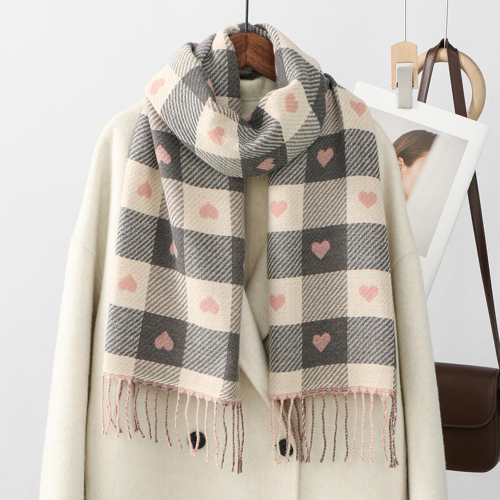 Women'S Autumn And Winter Heart-Patterned Scarf Plaid Comfortable Scarf Thick Warm Large Blanket Shawl Scarf Pashmina