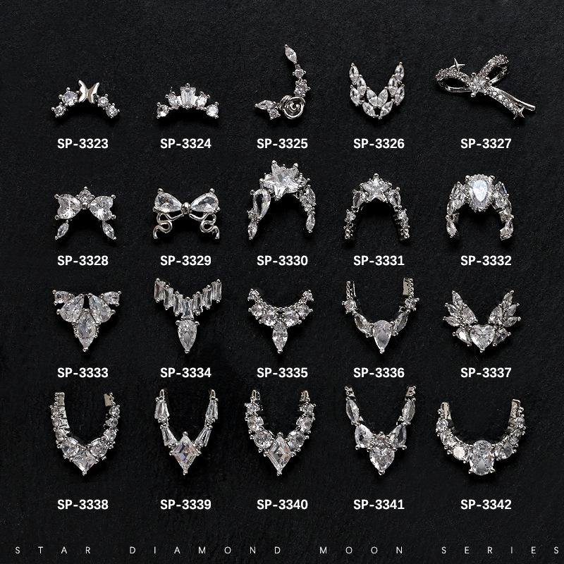 French Crescent Bow Full Diamond Heart V-shaped Zircon 3D Nail Art Decoration with Flat Bottom
