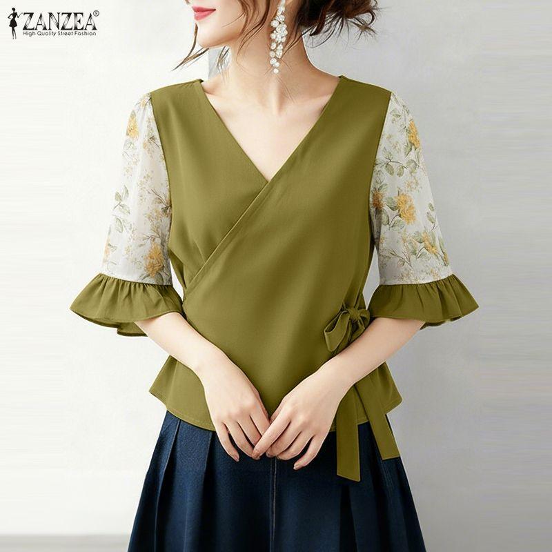 ZANZEA Women Casual V-Neck Loose Splice Half Sleeve Blouse