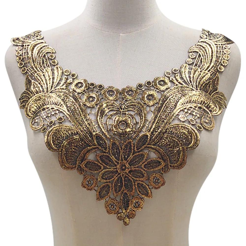 Black White Gold Floral Embroidered Patches Breast Flower DIY Clothing Applique Lace Fabrics Applique Hollow Out