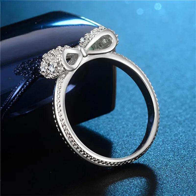 Sparkling 925 Sterling Silver Color Wedding Rings for Women Cubic Zircon Crystal Bowknot Fashion Engagement Ring