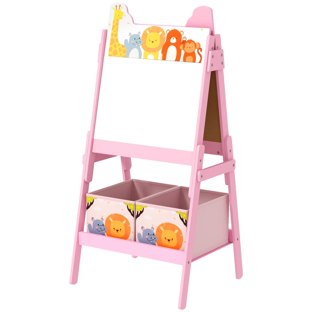 2 in 1 Kids Easel with Whiteboard, Chalkboard, Storage Boxes, for Ages 3-8 Years, Pink