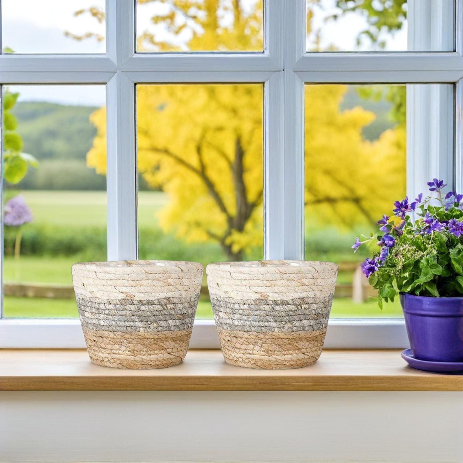 

2Pcs Woven Flower Baskets Decorative Straw Plant Container for Indoor Outdoor Use Desktop Balcony Garden Decorative Flower 15X15X12CM