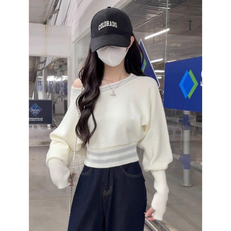 Kumikumi Pure Desire Wind Oblique Shoulder Loose Temperament Easiest for Match Long Sleeves Sweater Female Autumn Slimming Chic Anti-Aging Top