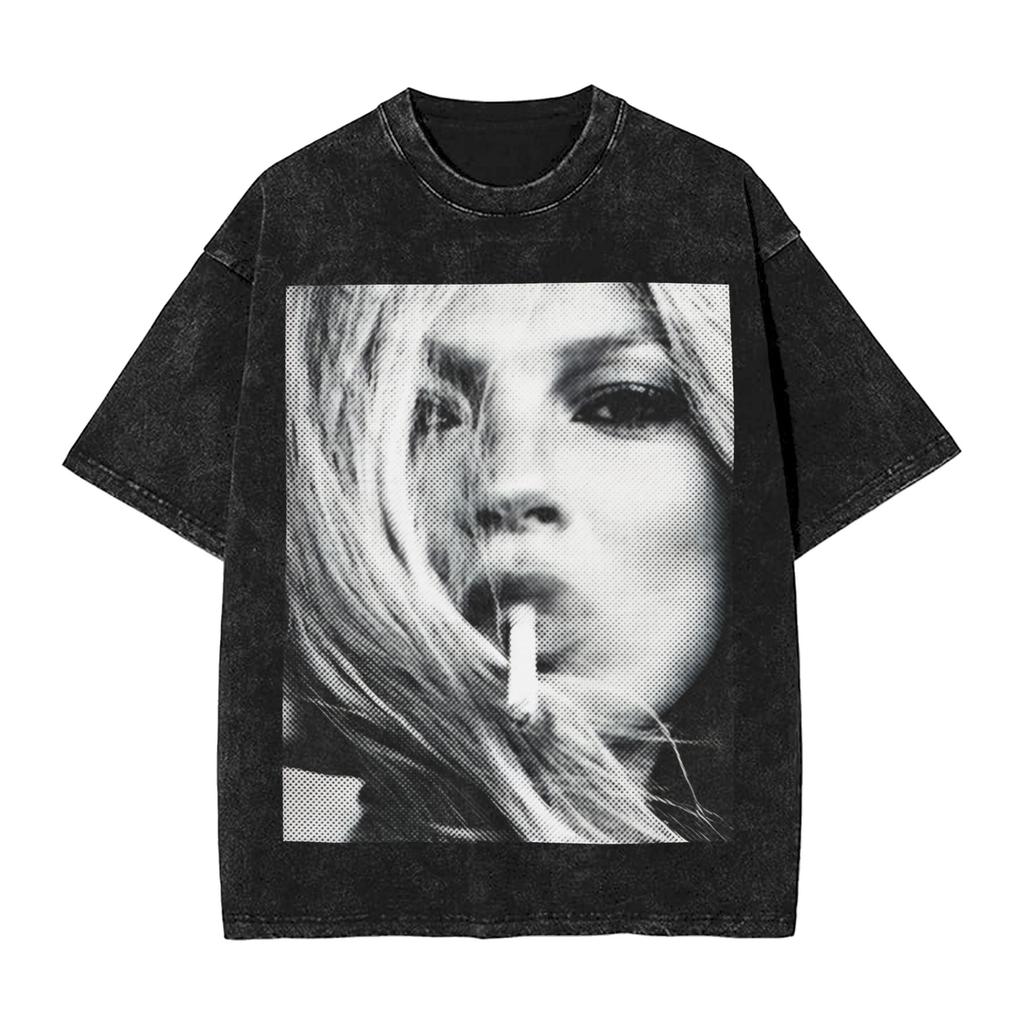 Novelty Kate Moss T-Shirt For Men Round Neck Cotton Washed T Shirt Short Sleeve Tee Shirt Printed Clothing